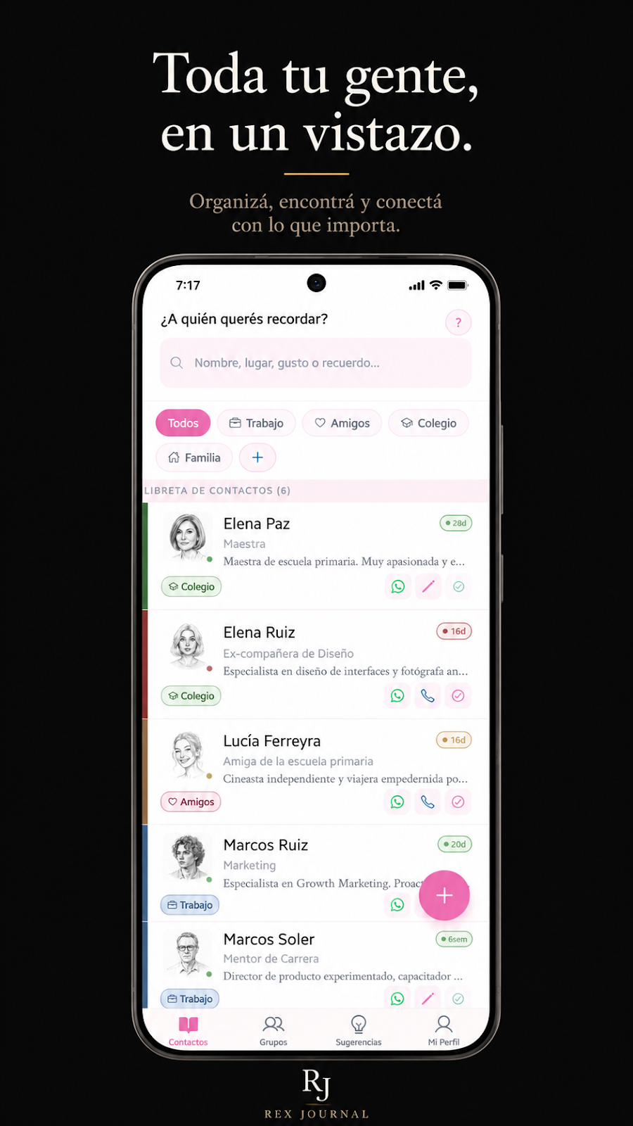 Rex Journal — pantalla de contactos, toda tu gente de un vistazo