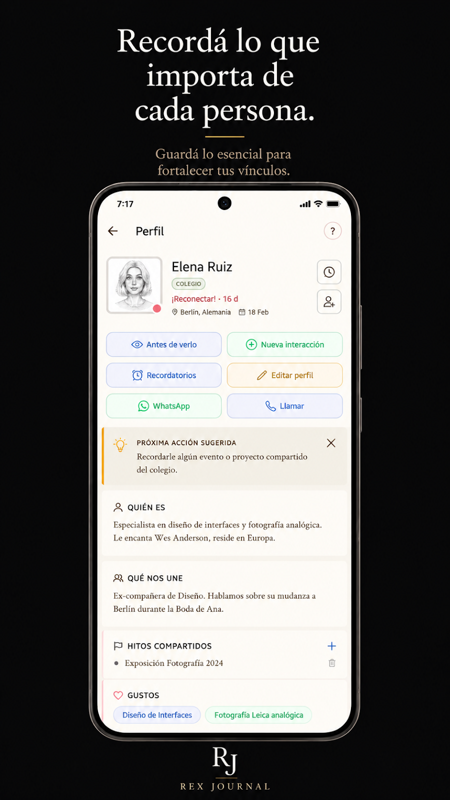 Rex Journal — perfil de contacto con notas e información personal