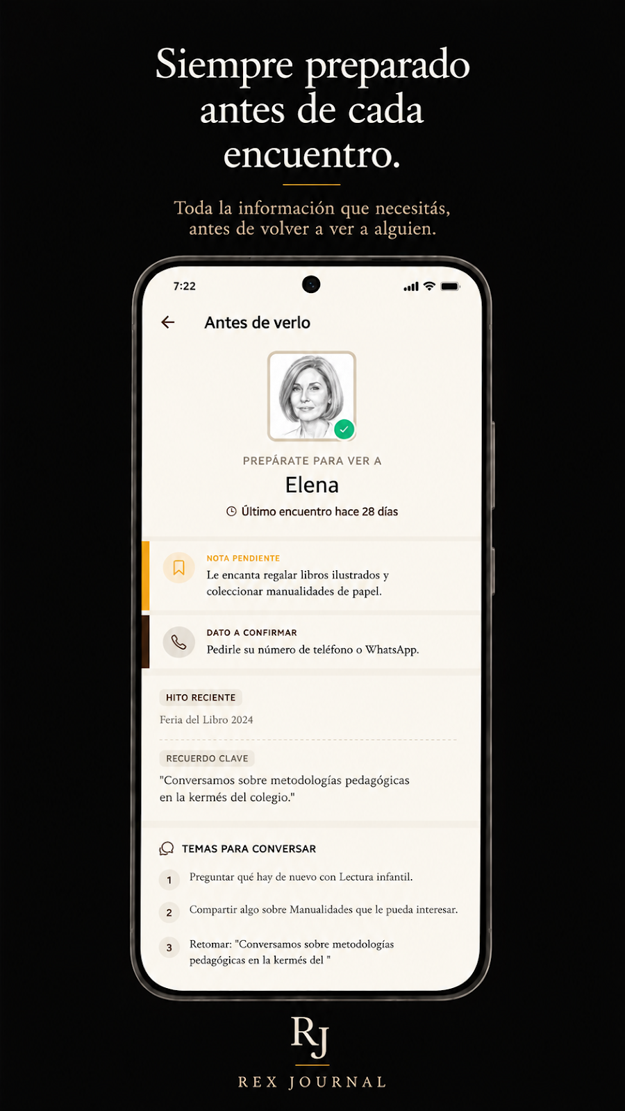 Rex Journal — preparación antes de un encuentro con recordatorios clave
