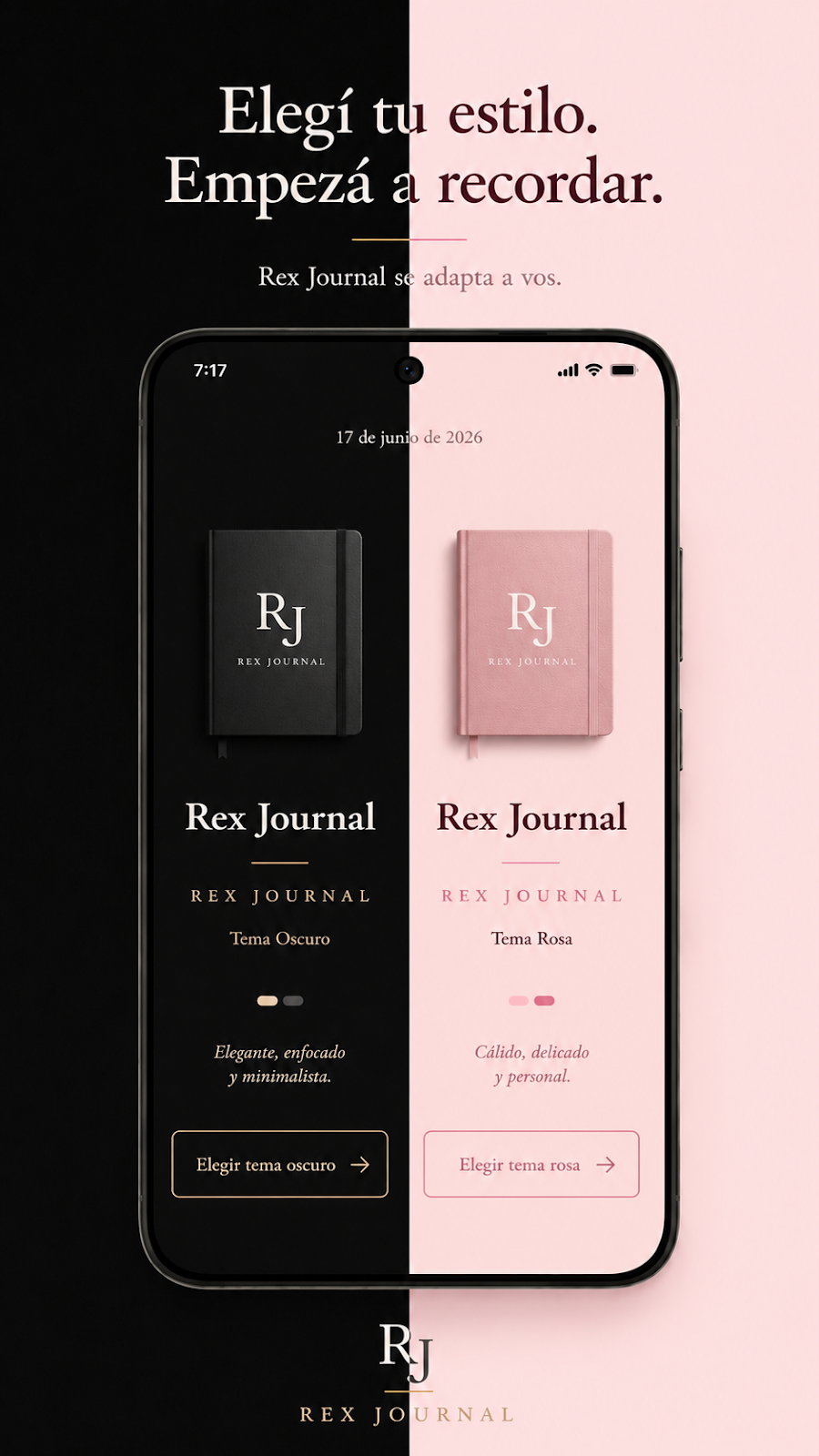 Rex Journal — elegí tu estilo: tema oscuro o tema rosa